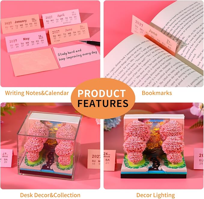 Time Piece Calendar 2027 Desk Calendar with LED Light 3D Tear-away Paper Carving Art Memo Pad Notepad Gift for Christmas Housewarming Desktop Decoration (Peach forest)