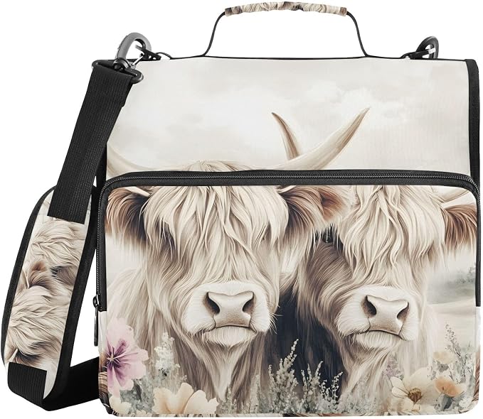 3 Ring Zipper Binder with Shoulder Strap Highland Cow Cattle Flower 2 Inch Zippered Binder Bag 500 Sheet Capacity Multi Pockets for School Supplies