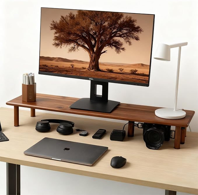 Dual Monitor Stand Riser, Acacia Wood Desktop Shelf with Storage | 39.37-Inch Wide, Under-Shelf Storage for Keyboard, Mouse and Laptop, Fits Two 24-Inch Monitors in Home Office