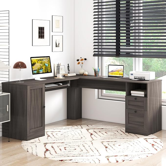 Giantex 66" L-Shaped Desk with Storage Drawers & Charging Station, Spacious Corner Computer Desk with Keyboard Tray, Adjustable Shelf, Cabinet, Huge Workspace Home Office Study Writing Desk (Grey Oak)