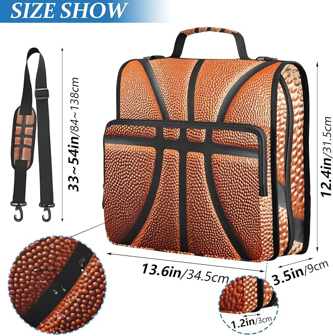 Basketball Ball Skin 3 Ring Binder Bag 1.5 inch Binder Organizer with Zipper Shoulder Strap 500 Sheet Documents Storage for School Office