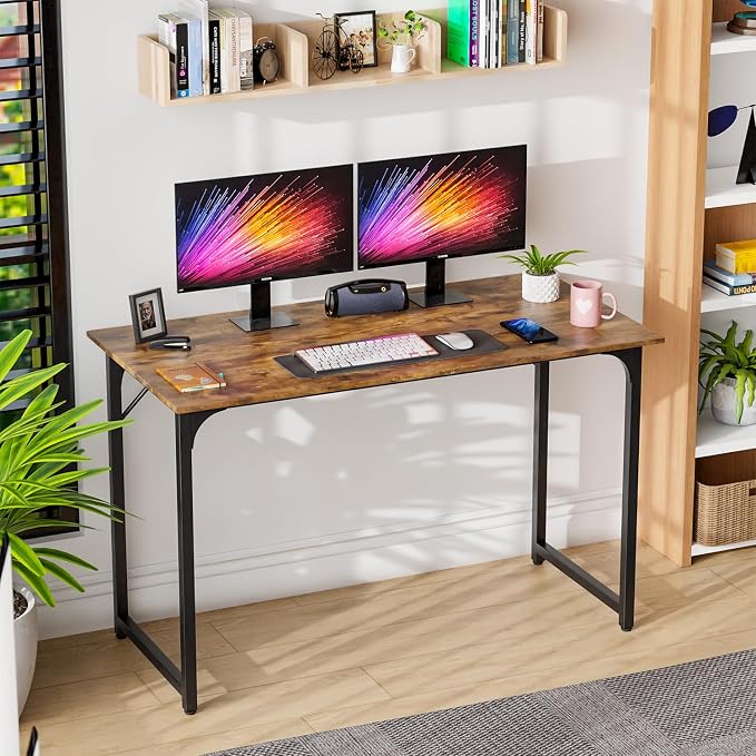 PayLessHere | 47 Inch Computer Desk | Brown | Sturdy Office Desk | Metal Frame, Adjustable Feet | Water-Resistant, Scratchproof Surface | Writing Table for Home Office or Study | Pack of 1