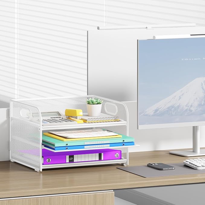 Cawukege 2 Pack 3 Tier Paper Organizer with Handle, Metal Desk Organizer Mesh Paper Letter Tray Desktop File Folder Document Sorter for Classroom, School, Office Accessories Storage (2, White)