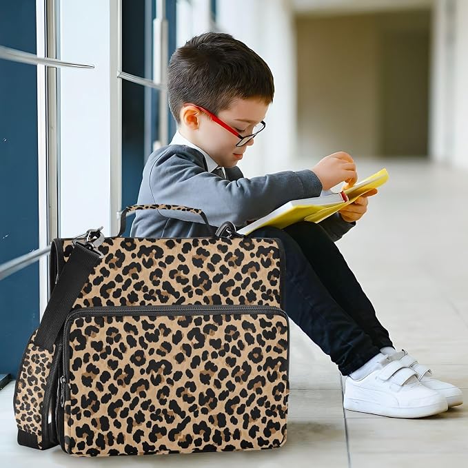 Leopard Brown Print Zipper Binder Bag 3 Ring with Shoulder Strap & Handle Multi Pocket Binder Organizer Bag Large Capacity for School Office Supplies