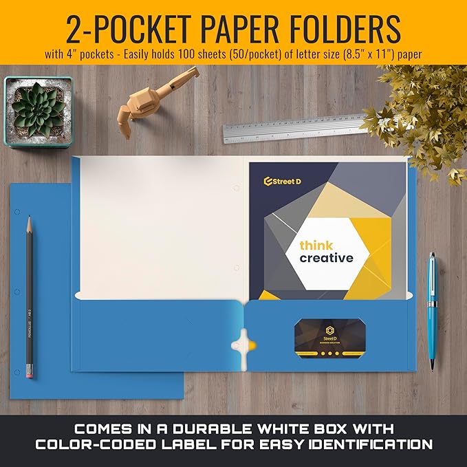 Better Office Products Blue Folders, 50 Pack Letter Size Two Pocket Folders, Folders with Pockets, Durable Paper Portfolio Folders for School Classroom Office Organization, Light Blue