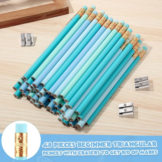Fainne 48 Pcs Large Pencils 3 Sharpeners,Turquoise Blue Series,Round