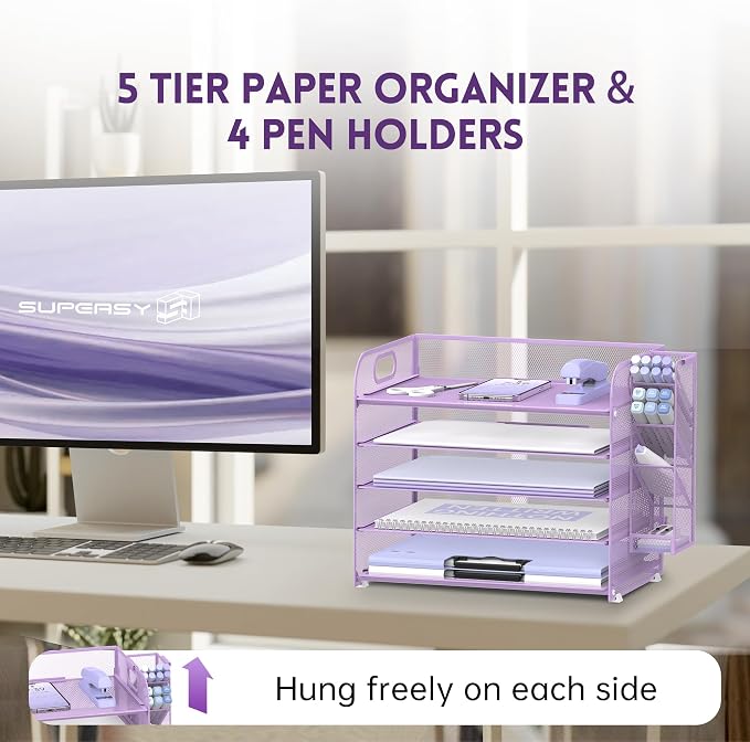 5-Tier Paper Organizer for Desk with Pen Holders, Letter Trays, Purple | Metal Mesh Desktop File Organizer with Removable Trays and 2 Handles for Paper, Files, Mail, Folders in Office Home or School