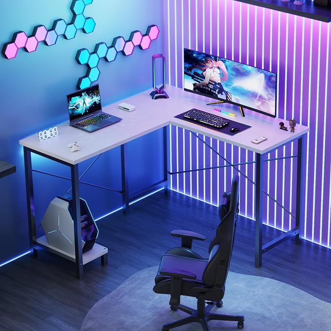DUMOS 50-Inch Reversible L Shaped Desk with CPU Shelf, White | Computer Desk with Sturdy Metal Frame, Corner Gaming Desk, Home Office Desk for Study, Writing and Work, Sturdy Modern Design