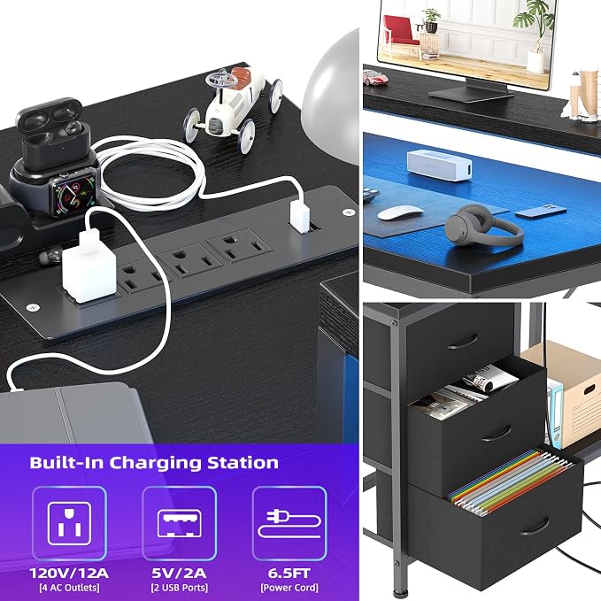 Garvee L-Shaped Computer Desk with Power Outlets & LED Lights - 43-Inch Reversible Corner Gaming Desk with 3 Drawers, Storage Shelves & Removable Monitor Stand, Modern Home Office Desk
