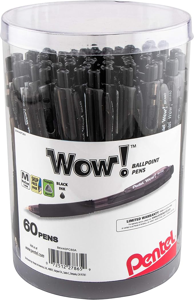 Pentel WOW! Ballpoint Pen, (1.0mm) Medium Line, Black Ink, Pack of 60, Canister (BK440PC60A)