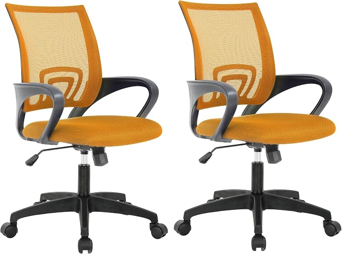 BestOffice | Ergonomic Office Chair | Mid-Back Swivel Desk Chair | Breathable Backrest & Lumbar Support | Adjustable Height | Sponge Seat | Rolling Wheels | Orange | for Adults & Women | Pack of 2