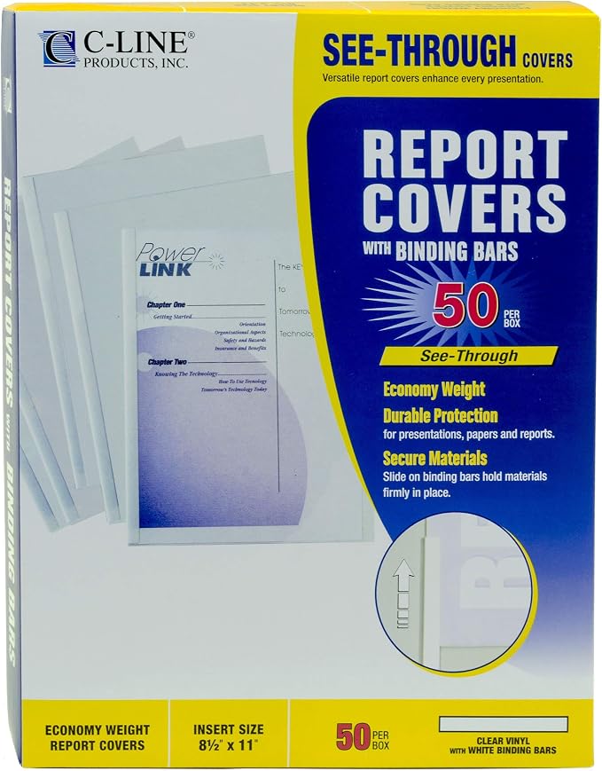 C-Line Report Covers with Binding Bars, Economy Clear Plastic, White Bars, 8.5 x 11 Inches, 50 per Box (32457)