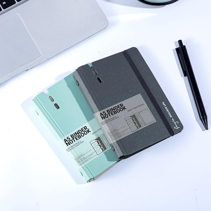 CAGIE 2 Pack A7 Binder 6 Ring Refillable Notebook, Dividers & Pockets | Hourly Planning Square Ruled and Dotted Pages, Refill Paper Included (Grey & Blue, A7 Hourly & Dot Page)
