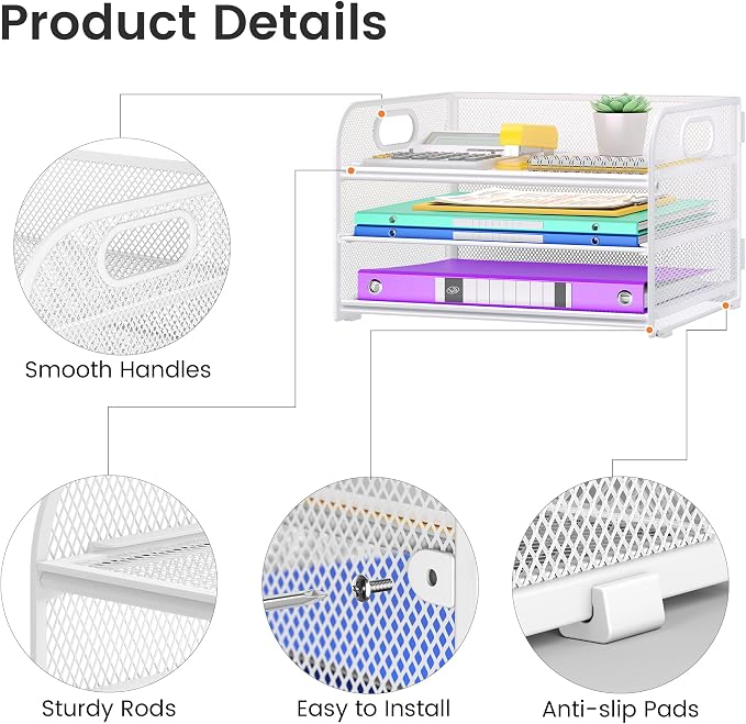 Cawukege 3 Tier Paper Organizer with Handle, Metal Desk Organizer Mesh Paper Letter Tray Desktop File Folder Document Sorter for Classroom, School, Office Accessories Storage (1, White)