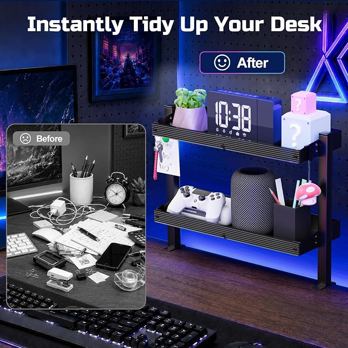 17 inch Adjustable 2-Tier Clamp On Desk Shelf with Hooks | Heavy Duty, Holds 44 lbs, No Drill, for Home Office, Gaming & Desk Organizer