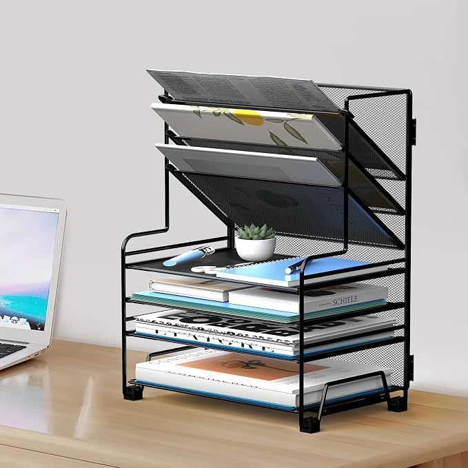 MINDEPOT 4-Tier Paper Organizer + 3-Pocket File Holder + Drawer + Pen Holders, Desktop File Organizers Paper Tray for Office Supplies School Classroom Organization (Black, No Drawer & Pen Holder)