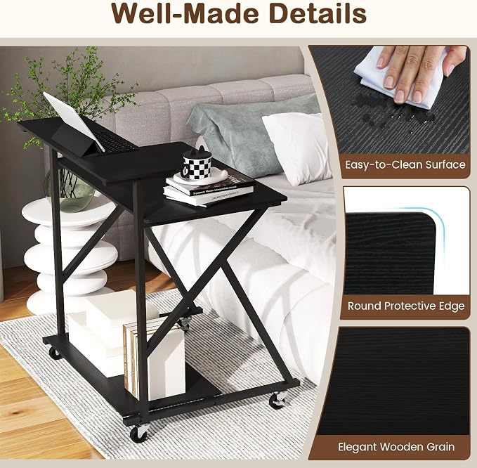 GIANTEX Rolling Small Desk with Storage, Compact Computer Desk for Small Spaces with Charging Station, Monitor Stand, Lockable Wheels, Study Writing Desk for Home Office, Bedroom (Black)