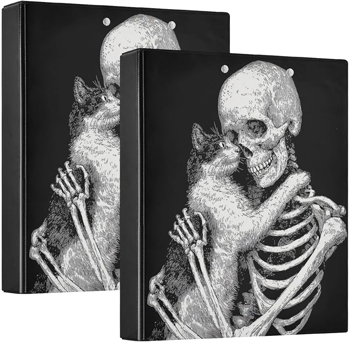 Black Gothic Skeleton and Cat Binder 3 Ring 1.5 Inch Binder with Clipboard&Pockets, Hardcover Binders Heavy Duty Large File Folder for Office School Supplies - Holds 200 Sheets, 2 PC