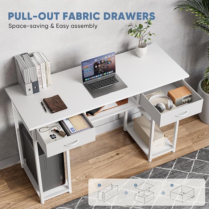 DUMOS 48-Inch Computer Desk with Drawers and Hook, White | Home Office Desk for Bedroom, Gaming Writing Study Desk with Adjustable Feet
