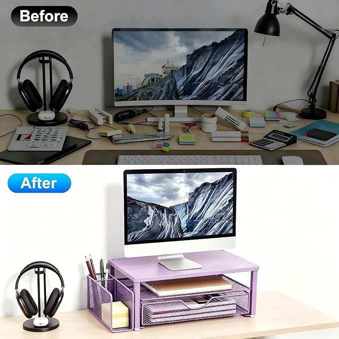 Spacrea Desk Organizer and Accessories, Computer Monitor Stand Riser with Drawer and 1 Open Pen Holder, Printer & Laptop Stand, Office Desk Accessories for Home Office Supplies (Purple)