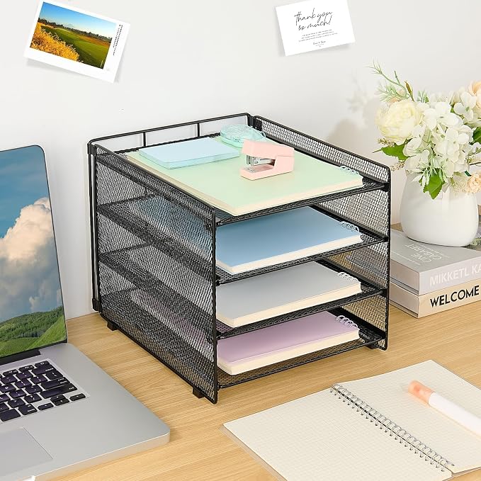 Desk Organizer, 4-Tier Paper Organizer Letter Tray, Black | Desk Organizers and Accessories, Office Desk Accessories & Workspace Organizers, Desktop File Organizer for Office Supplies