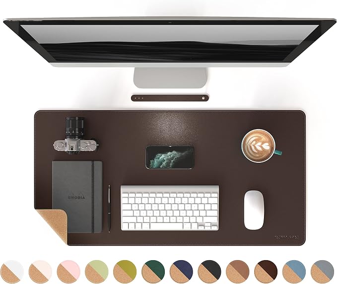 RENMTURE Dual-Sided Mouse Pad, Natural Cork & PU Leather Large Desk Pad for Office and Home Work, Desk Protector Non-Slip, Waterproof, Easy Clean (Dark Coffee, 32"x16")