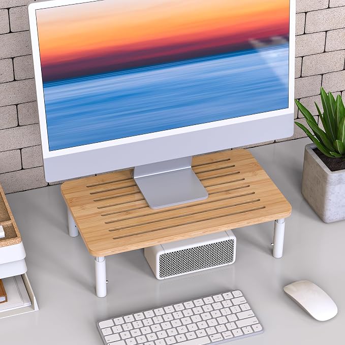 Bamboo Monitor Stand Riser, 4 Adjustable Height,Easy Assembly | Laptop Stand with Airflow Vents, Desk Organizer for Computer, PC, Printer