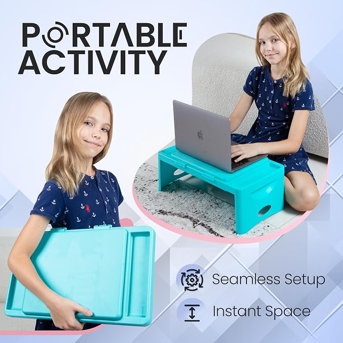Loddie Doddie Foldable Lap Desk for Adults, Bed Tray, Teal Blue, 9.75"x12" | Portable Desk, Car Seat Tray for Road Trips, Storage Pocket, Lap Desk Kids, Folding Desk Bed Table