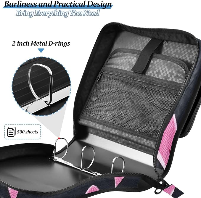 3 Ring Zipper Binder with Shoulder Strap Pink Bow Tie Black 2 Inch Zippered Binder Bag 500 Sheet Capacity Multi Pockets for School Supplies
