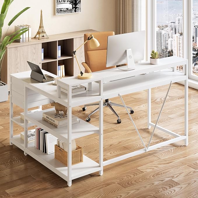 LITTLE TREE 55-Inch L-Shaped Computer Desk, Reversible Computer Desk with Drawers and Storage Shelves, Corner Desk Gaming Desk Work Desk for Home Office, White