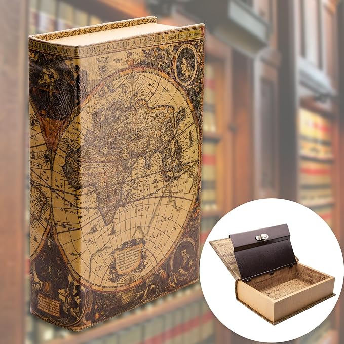 Barska Antique Map Book Safe with Key Lock – Hidden Diversion Lock Box with Magnetic Closure – Concealed Steel Compartment for Cash, Jewelry, Valuables – Home or Office Security Hidden Book Safe