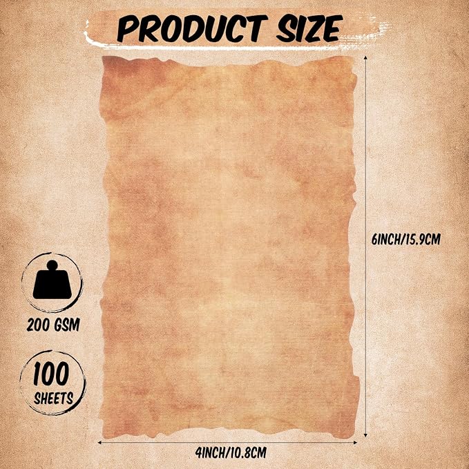 Harloon 100 Pcs Vintage Paper Old Looking Cotton Stationery Paper, 4x6 Inch | 200 Gsm Thick Cardstock Blank, Antiqued Watercolor Deckle Edge, for Invitations Drawing Writing Printing Invitations Crafts