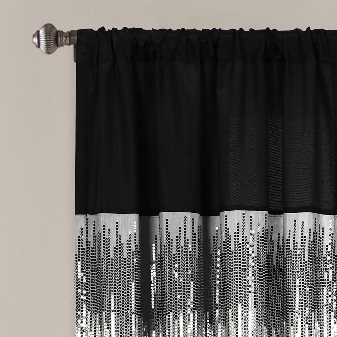 Lush Decor Night Sky Window Curtain Panel, Single 42"W x 63"L Black & Gray - Sequin Backdrop Curtain - Room Darkening Curtains For Bedroom - Glam Decor