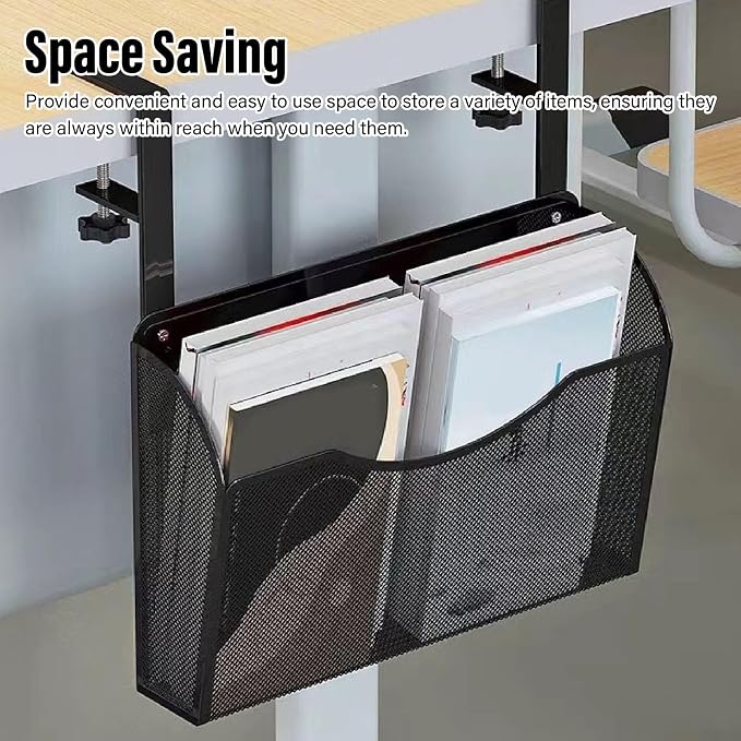 Asixxsix Under Desk Drawer, Desk Side Storage, Hanging Desk Organizer, Clamp On Desk Organizer, Mesh Metal Desk Drawer, Side Desk Organizer for Office and Home (Black)