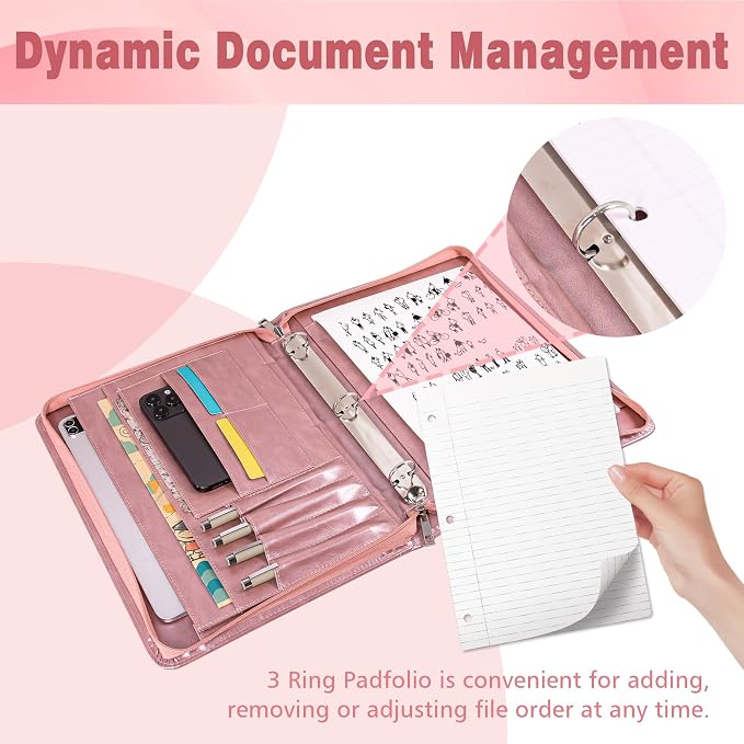AZXCG Leather Padfolio for Women,3 Ring Portfolio Binder with Zipper,Business Portfolio for Women with A4 Writing Pad Holder, Portfolio Organizer for Business,School,Work