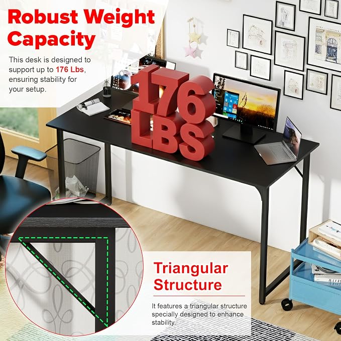 PayLessHere | 55 Inch Computer Desk | Black | Office Desk with Metal Frame, Adjustable Feet | Water-Resistant, Scratchproof Surface | Sturdy Writing Table for Home Office or Study | Pack of 1