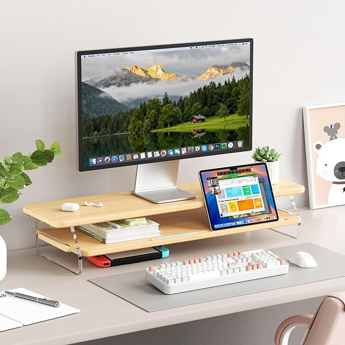 Bamboo Dual Monitor Stand for Desk,31.5 In 2 Tier Computer Riser Organizer | Desk Organizer Adjustable Arylic Feet Computer Monitor Stand, Desk Shelf for Office