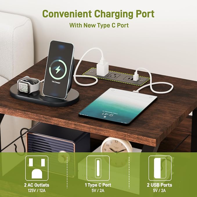 runjuly End Tables Set of 2 with Charging Station, LED Lights, Hooks, Brown | 3 Large Fabric Drawers, USB C Ports & Power Outlets, Metal Night Stand Pair, Storage Nightstand for Living Room / Bedroom