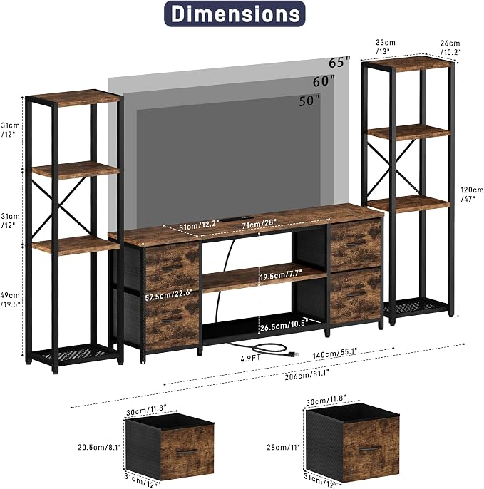 LED TV Stand Bookshelf Combo with Charging Station for 65 60 55 Inch TV, Entertainment Center with Lights & Drawers, Industrial Media TV Console Table for Living Room Bedroom Office, Rustic Brown
