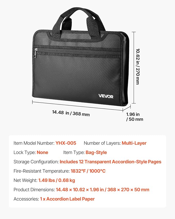 VEVOR Fireproof Document Bag, 1832 ℉ Heat Insulated Fireproof & Waterproof Bag, Portable Multi-Layer File Storage Security Organizer Home Office Travel Use, for Passports, Important Documents, Files