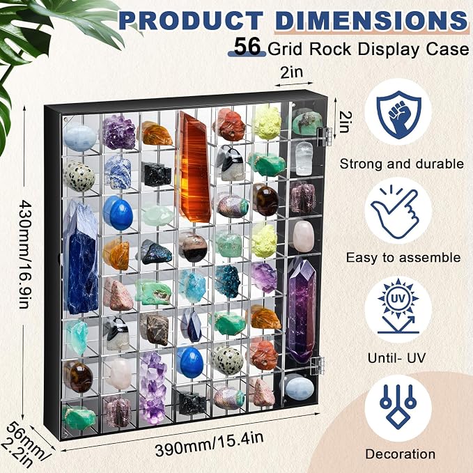 Cinnvoice Rock Display Case 56 Grids,Black Border,Square | Adjustable Acrylic Display Case, Crystal Organizer for Collectible, with Built-in Mirrored, Magnetic Door, Wall Mount