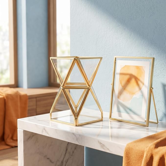 JIARI Glass Pen Holder Cup for Desk, Pencil Cup Holder, Gold Brass Frame Glass Pen Cup for Desk Office Pen Organizer 3.7 x 3.7 x 5.7 inche (Pencil Holder-D07B)