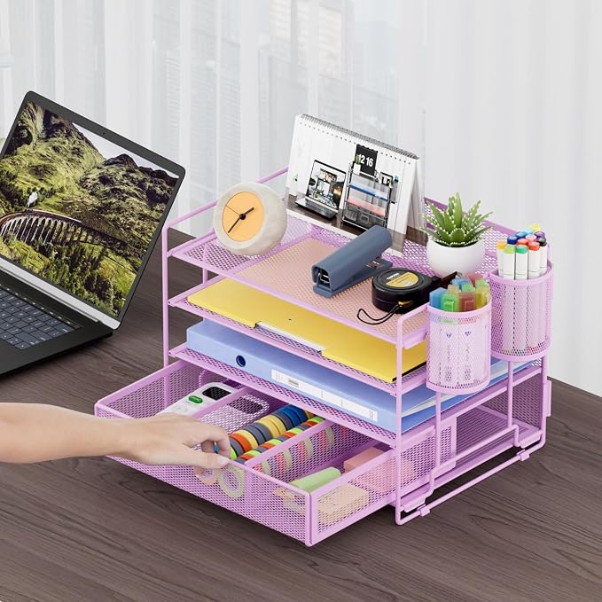 Marbrasse Desk Organizer, 4-Tier Paper File Letter Tray, Purple-2P | Sturdy Paper Tray, File Holder, Built-in Drawer, 2 Pen Slots, fits Letters/Files, for School Home Office Supplies