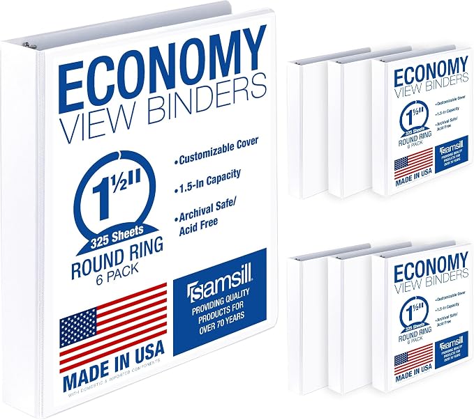 Samsill 1.5 Inch 3 Ring Binders, Economy Round Ring, Clear View Cover, 325 Sheet Capacity - for School, Home, Office - White, 6 Pack