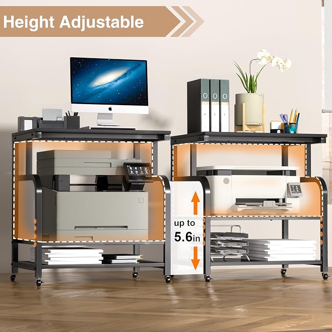 niffgaff Mobile Printer Stand with Large Desktop - 3 Tier Shelf, 24.4 Inch Height, Wooden Organizer for Home&Office, Black