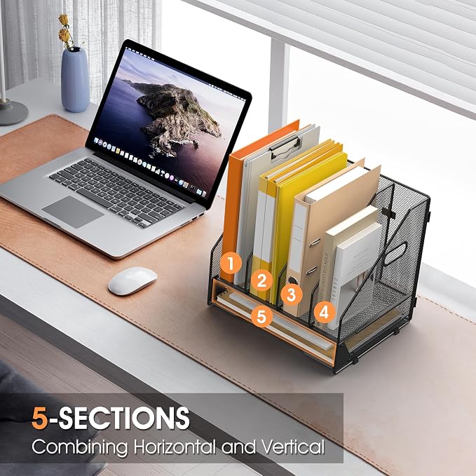 4 Vertical Mesh Desk Organizer with Paper Letter Tray, Black | Sorting racks with lower letter tray section. Multipurpose mesh desktop space saver for home office and school