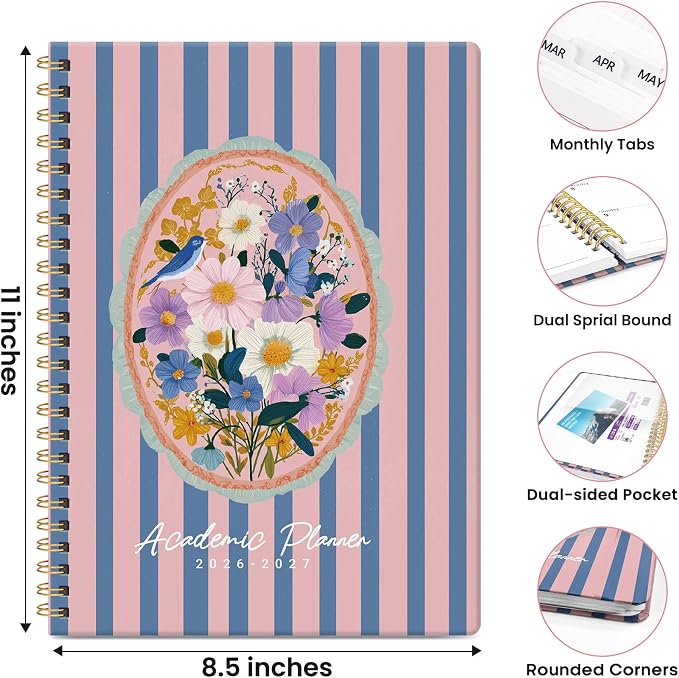 Planner 2026-2027, Academic Year Monthly & Weekly Planner Caledndar, July 2026 - June 2027, Hardcover Large Planning Agenda Book with Tabs for School Office Supplies, 8.5" x 11" - Floral Reverie
