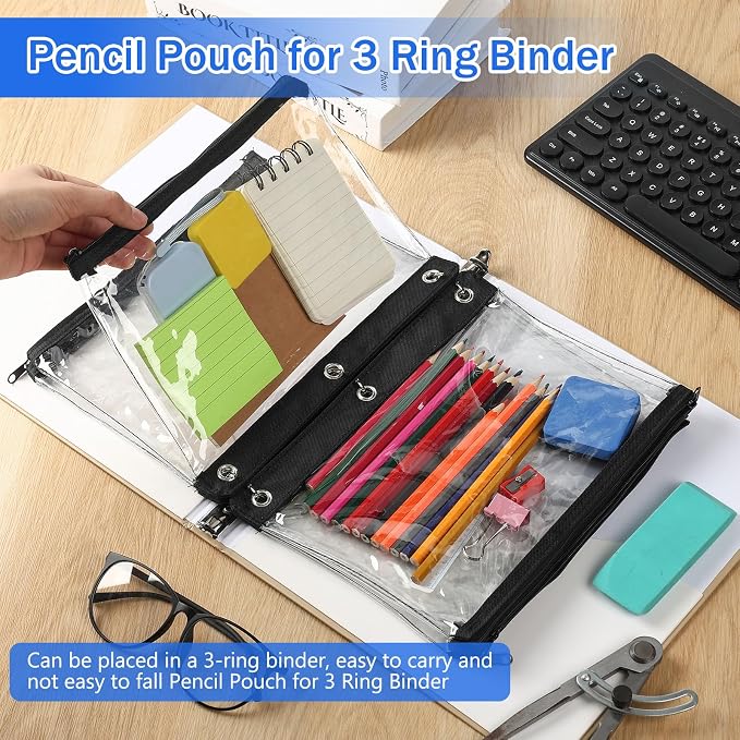 24 Pack Pencil Pouches for 3 Ring Binder Bulk Enlarge Clear Window Pencil Pouches Zipper Pen Case 3 Reinforced Grommet Pen Bag for Binder Utensil Organize Office Supplies(Black)
