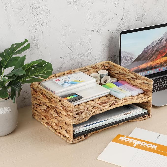 BTSKY 2 Tier Water Hyacinth Letter File Storage Basket, Woven Paper Organizer A4 File Tray Magazine Holder Woven Basket for Desk Document Office Paper Organizer and Storage