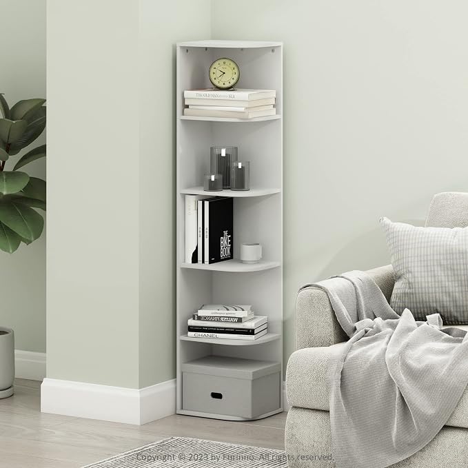 Furinno PASIR Book Shelf, 5-Tier Corner Bookshelf with Open Shelf, Standing Bookcase, 9.3 x 12 x 51.7, for Organization and Storage, for Living Room, Bedroom, Home Office, White